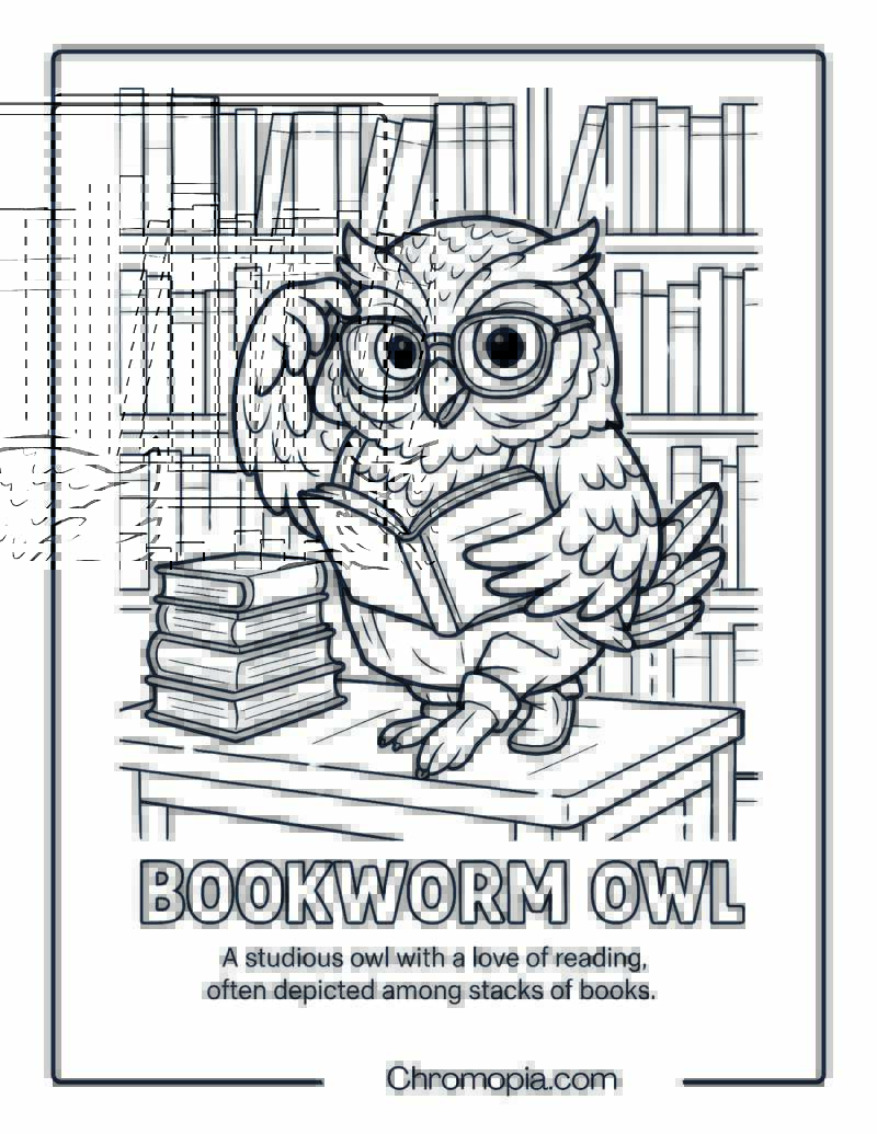 Bookworm Owl in Library Coloring Page