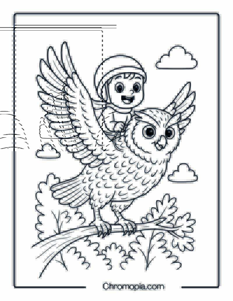 Owl Riding by Cute Kid Coloring Page
