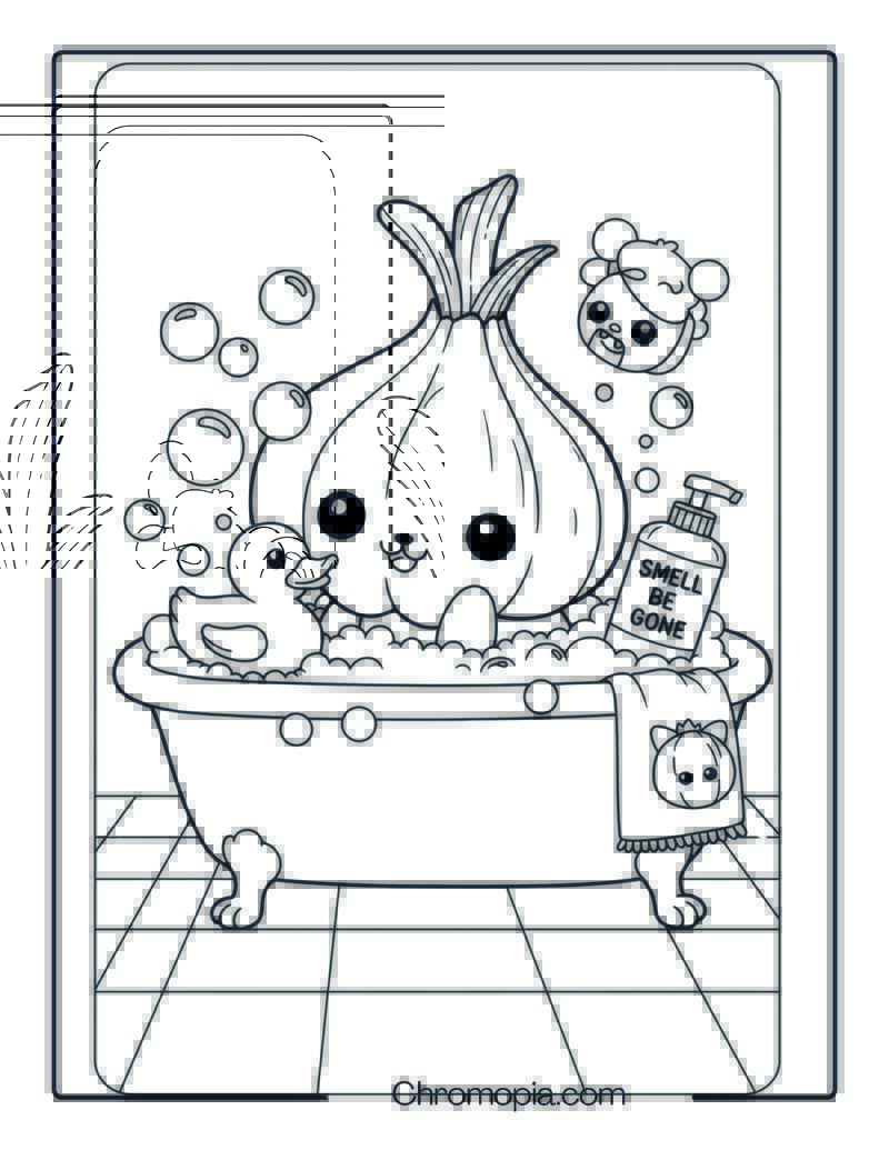 Cute Garlic Pet in a Bubble Bath Coloring Page