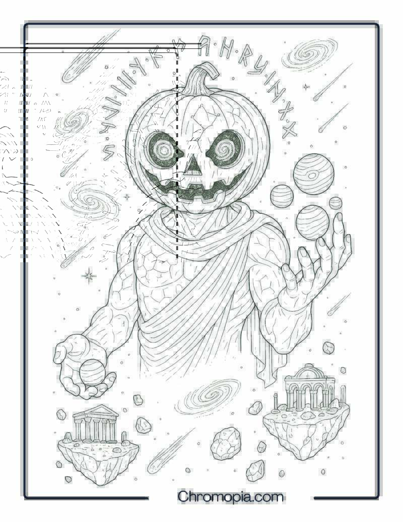 Pumpkin God in Cosmic Realm – Coloring Page