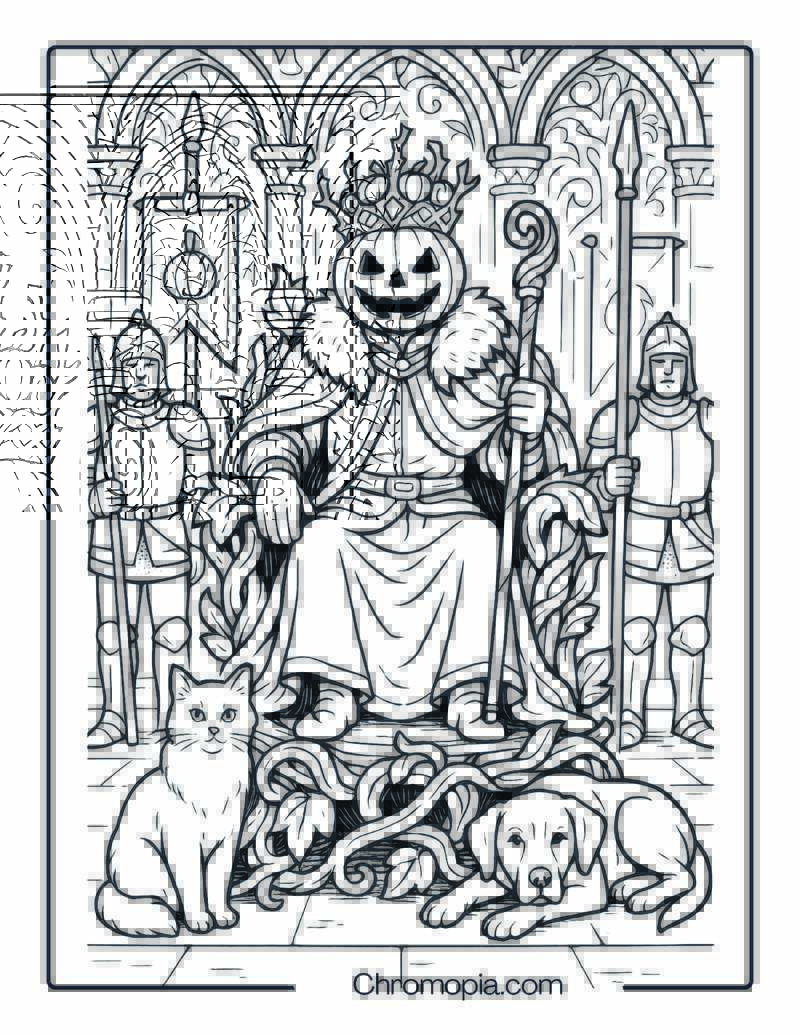Pumpkin King on His Throne – Coloring Page