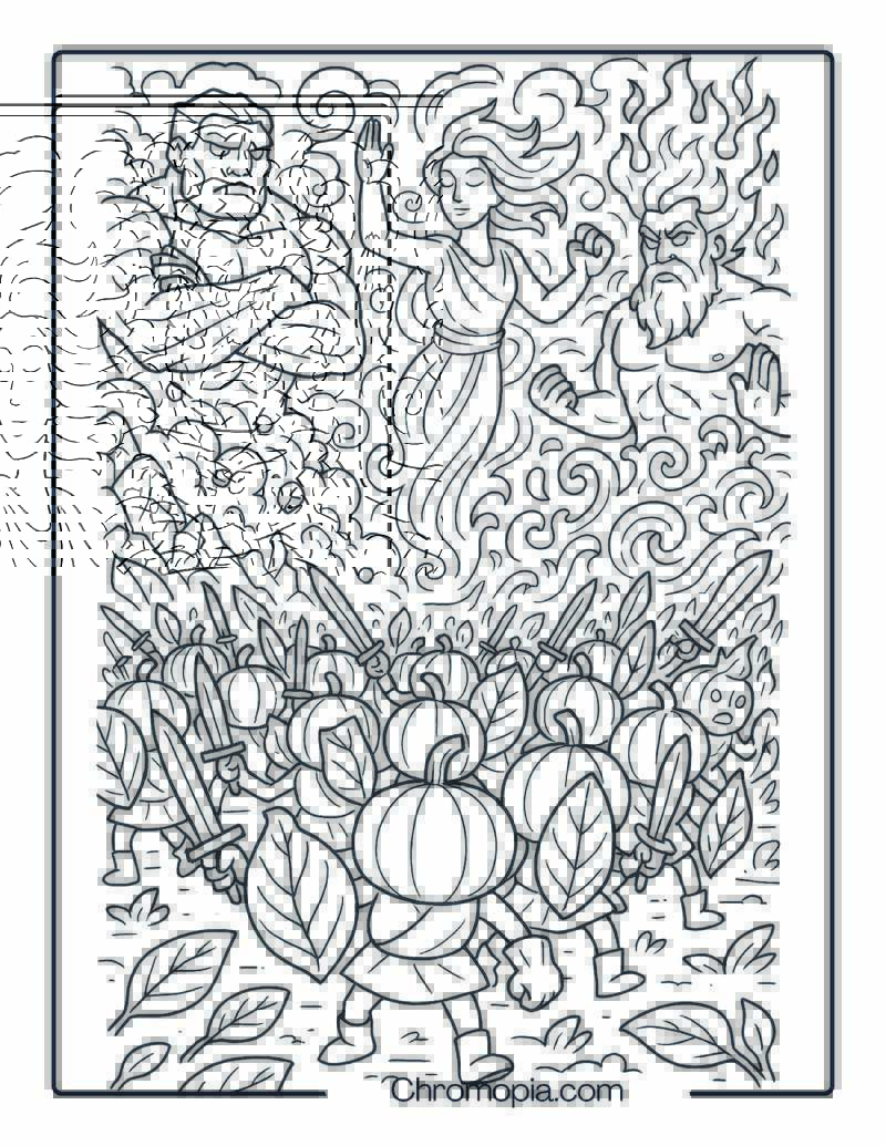 Pumpkin Warriors vs. Ancient Gods – Coloring Page