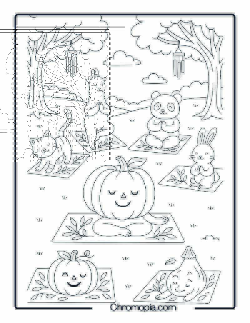 Yoga Class for Pumpkins and Animals – Coloring Page