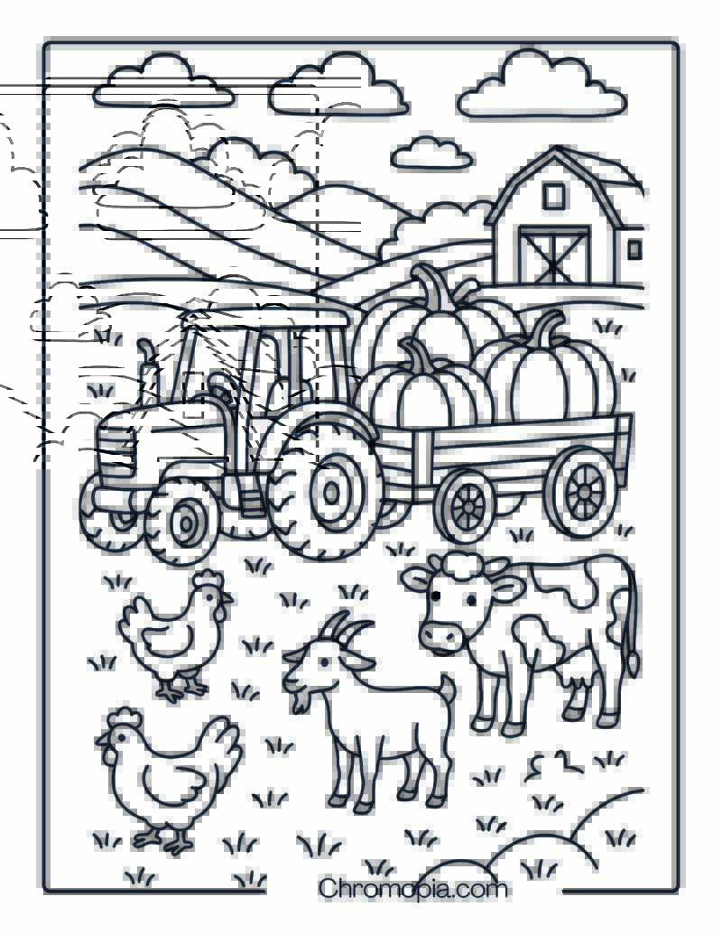 Farm or Tractor with Pumpkins Coloring Page