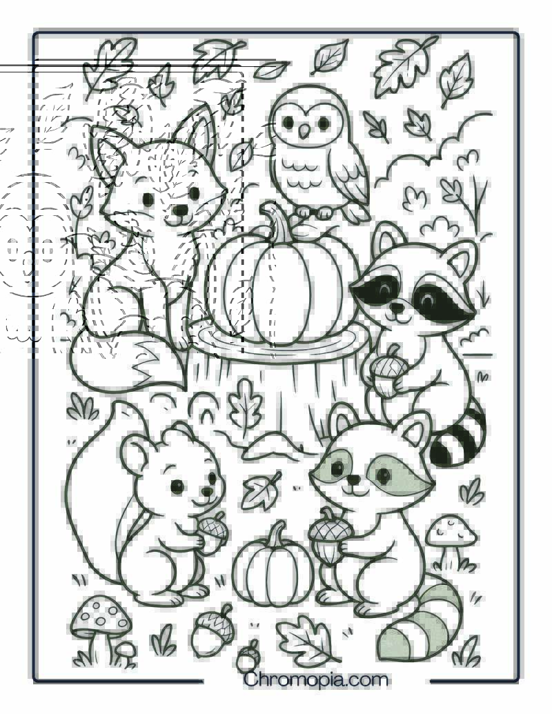Woodland Creatures with Pumpkins Coloring Page