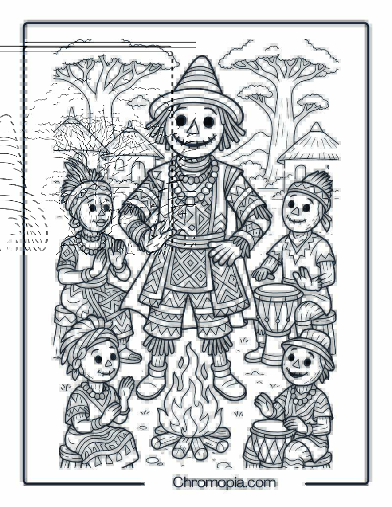 African Tribal Scarecrow in Village Drumming Circle – Coloring Page