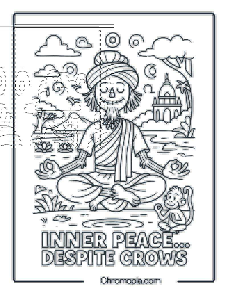Indian Scarecrow Practicing Yoga by River – Coloring Page