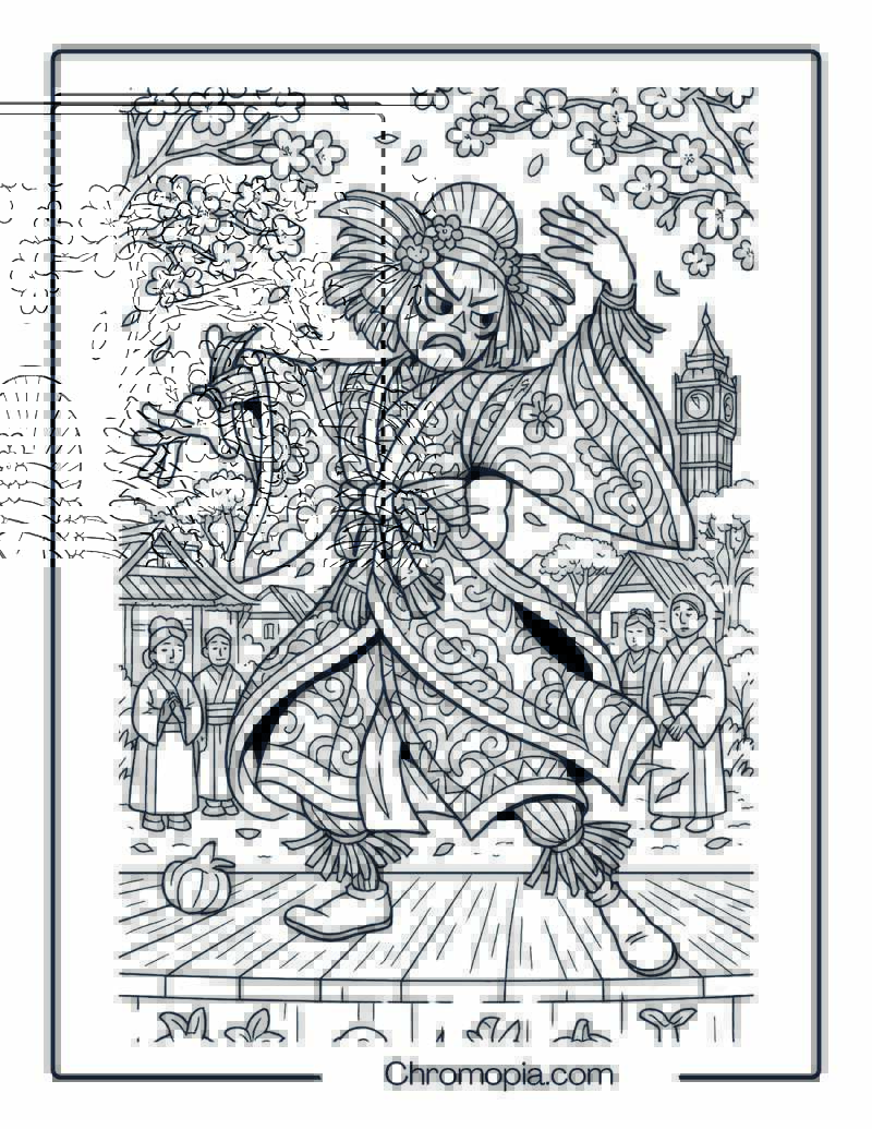 Japanese Scarecrow in Kabuki Costume – Coloring Page