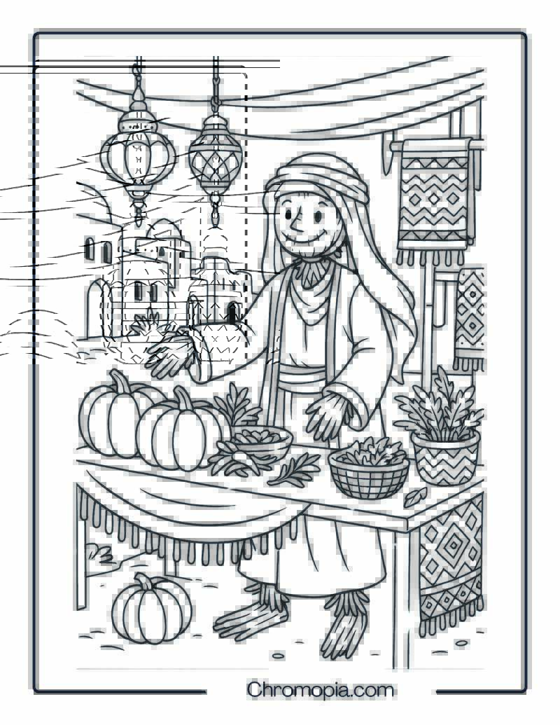 Middle Eastern Scarecrow at a Market Stall – Coloring Page
