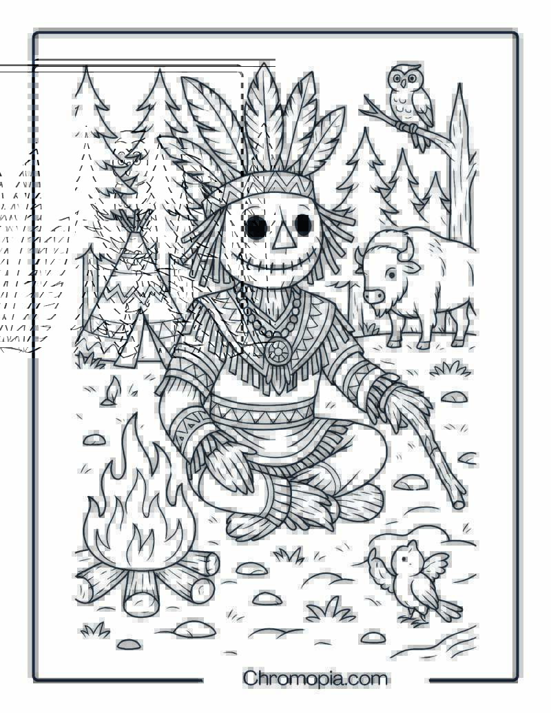 Native American Style Scarecrow at Campfire – Coloring Page