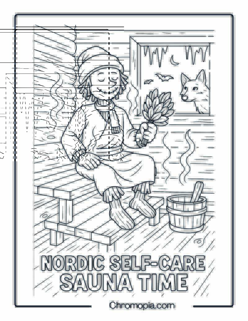 Nordic Scarecrow Self-Care Sauna Time – Coloring Page