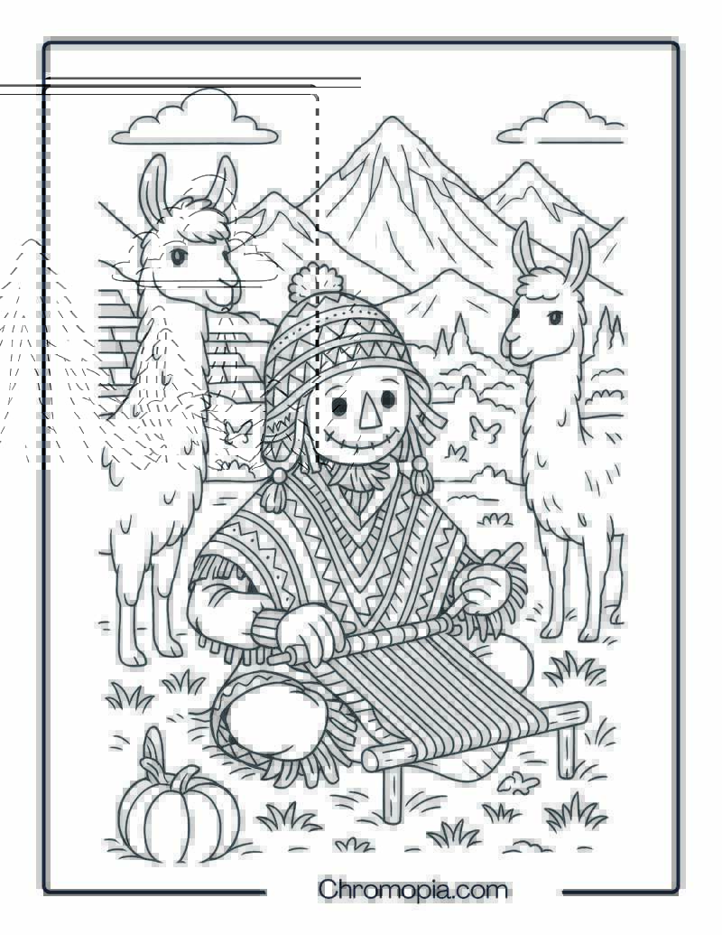 Peruvian Highland Scarecrow Weaving by Llamas – Coloring Page
