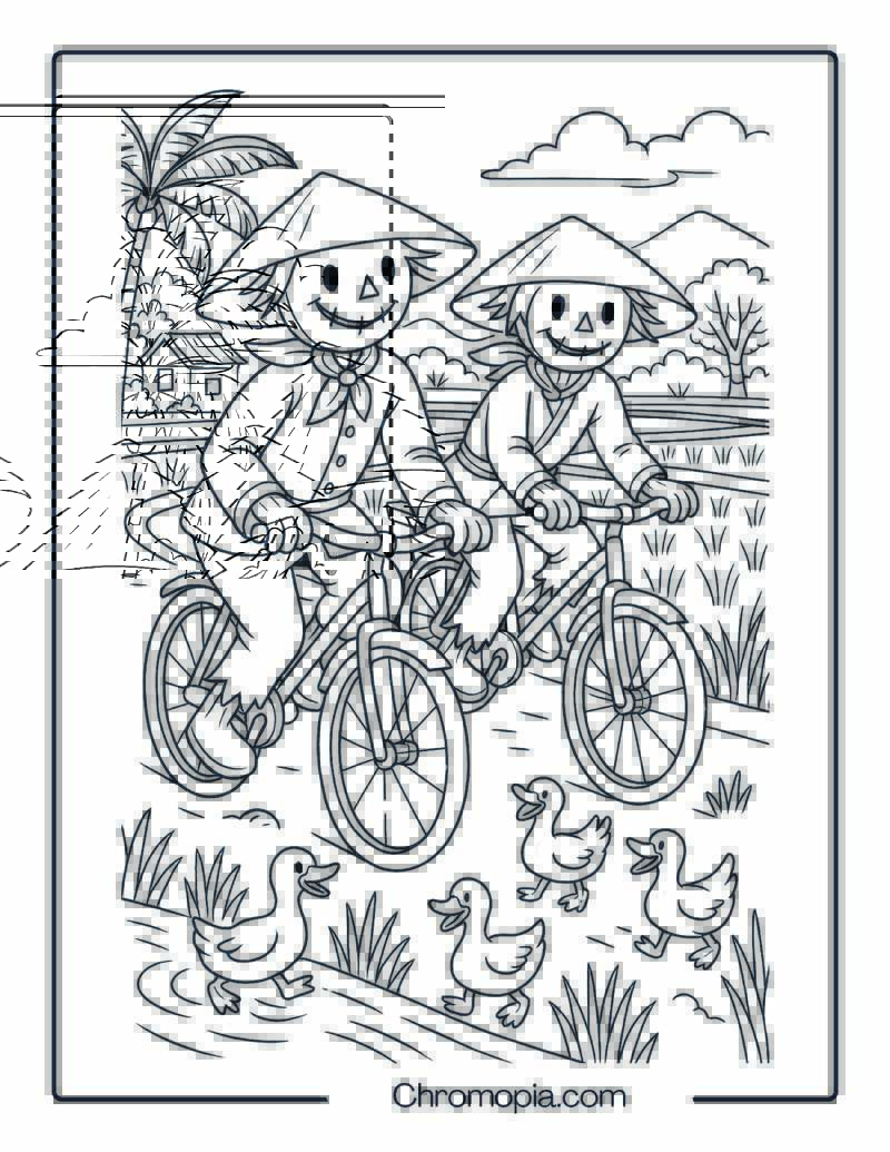 Vietnamese Scarecrow in Rice Field Bike Race – Coloring Page
