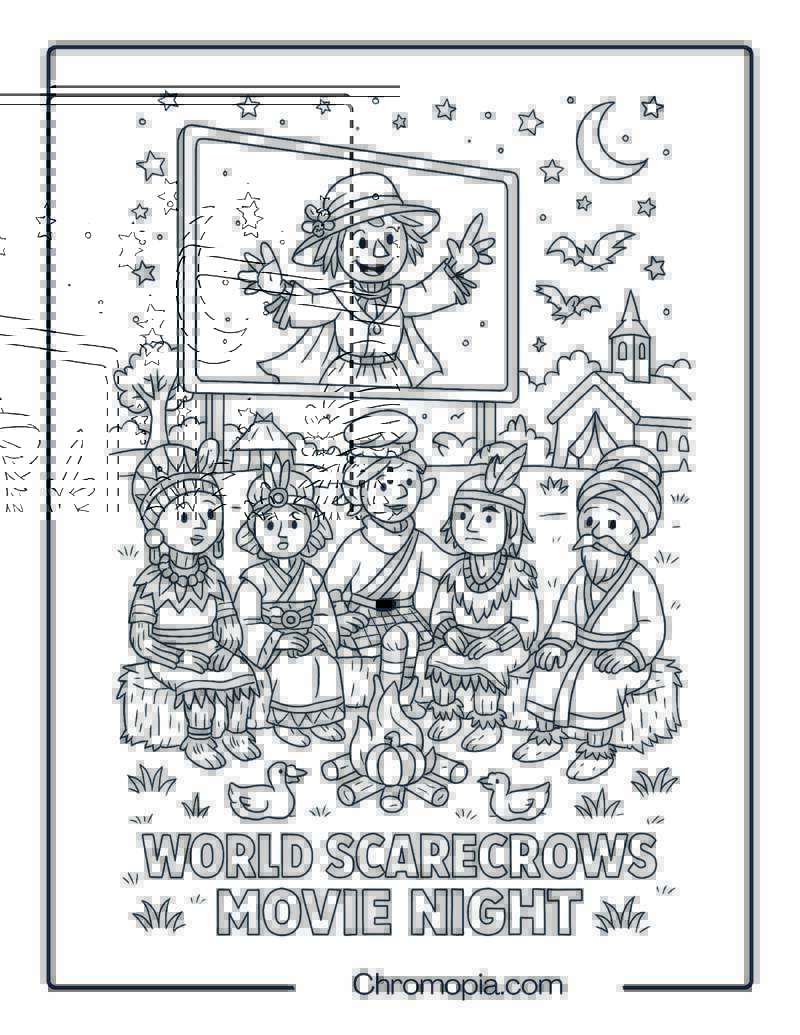 World Scarecrows Watching Outdoor Movie – Coloring Page