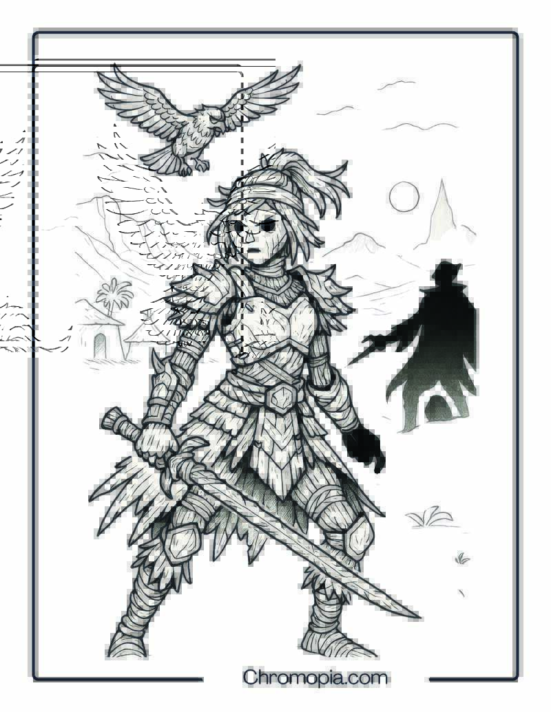 Female Warrior Scarecrow in Desert Duel – Coloring Page