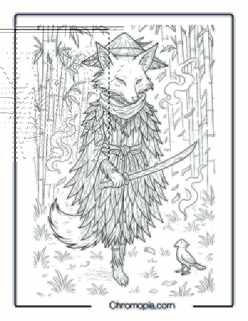 Fox Spirit Scarecrow from the Bamboo Grove – Coloring Page