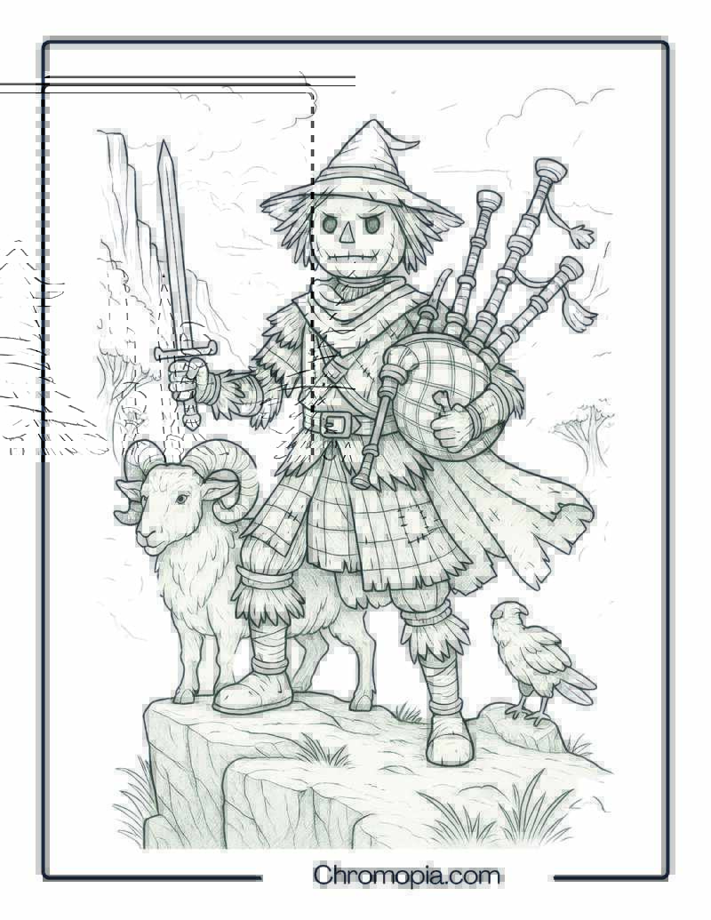 Highland Scarecrow Warrior with Bagpipe Shield – Coloring Page