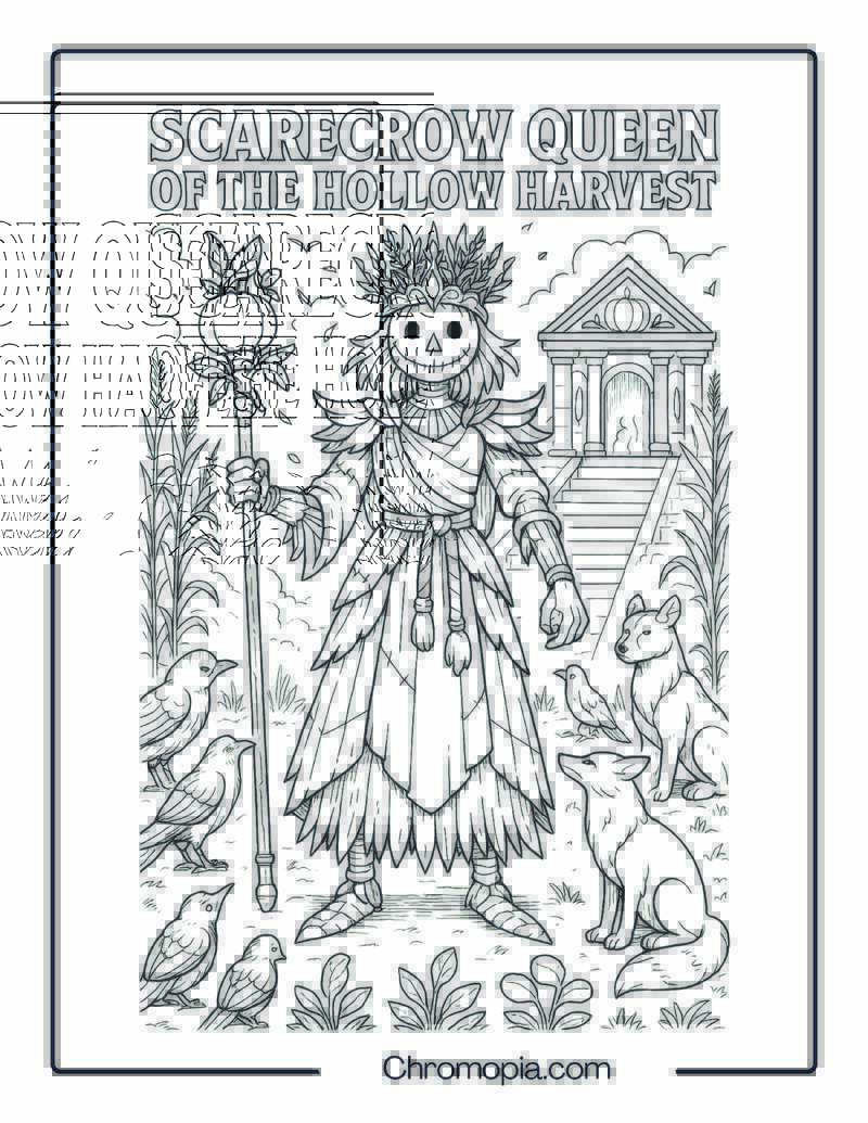 Scarecrow Queen of the Hollow Harvest – Coloring Page