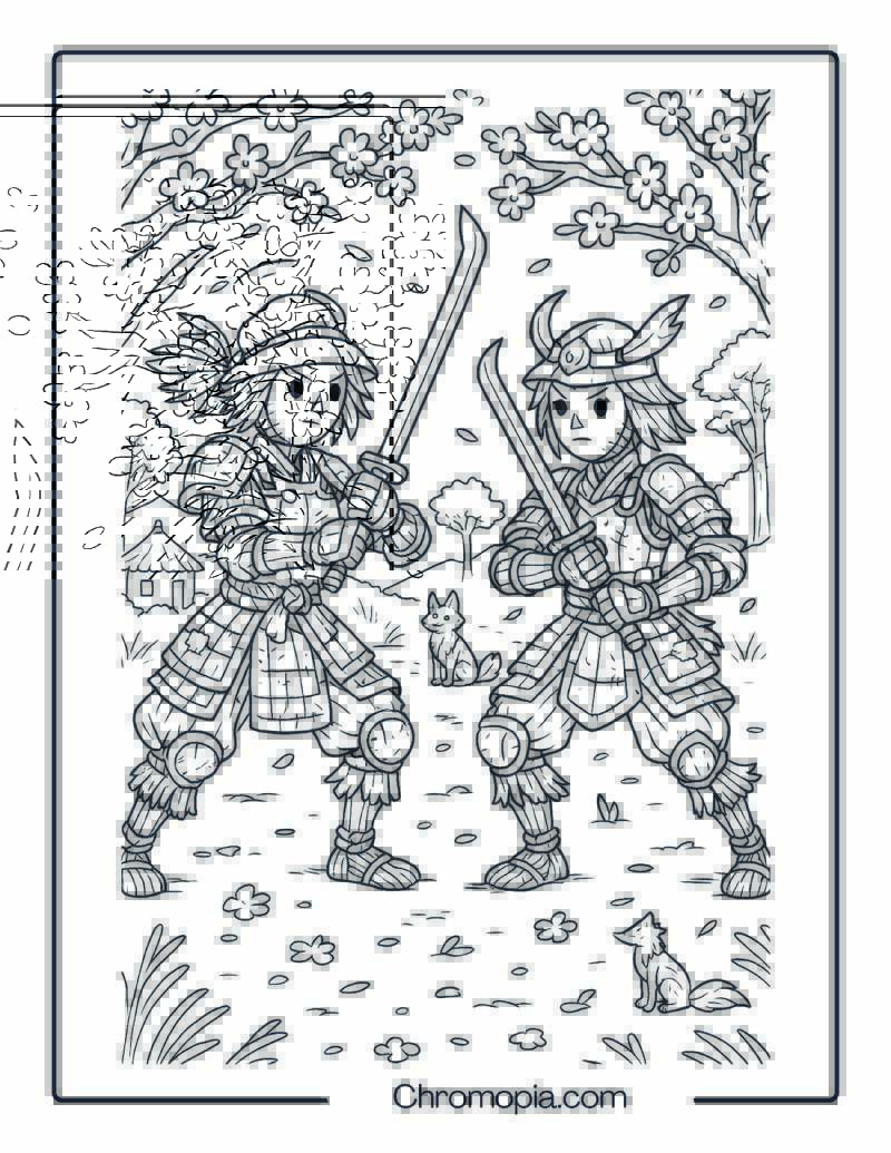 Twin Samurai Scarecrow Sisters – Coloring Page