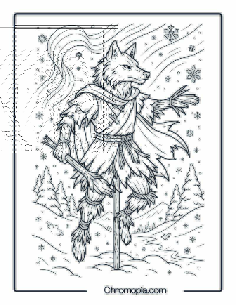 Wolf-Scarecrow Sentinel in the Frozen North – Coloring Page