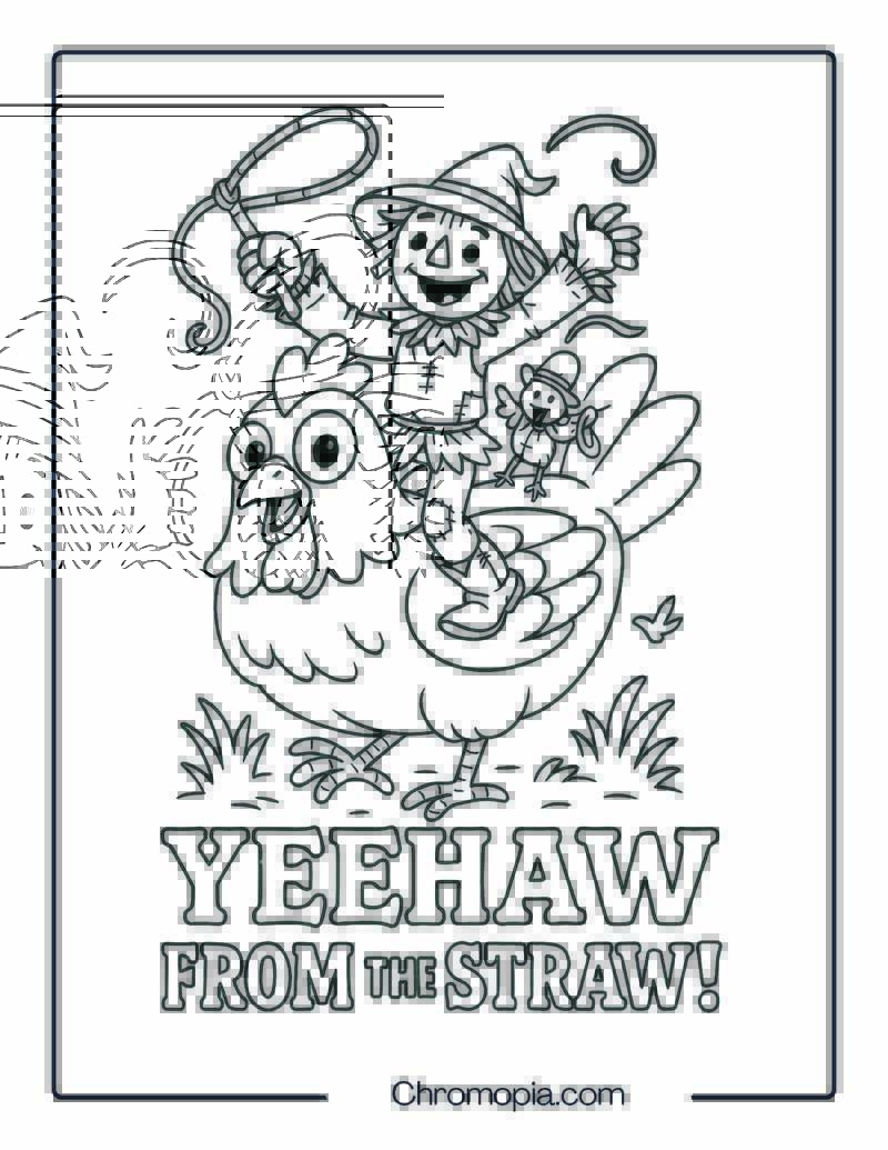Chicken-Riding Scarecrow – Coloring Page