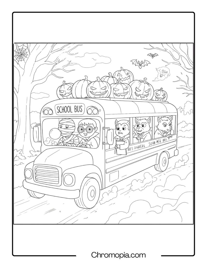 Boo Crew Rides the Haunted School Bus – Spooky Funny Coloring Page