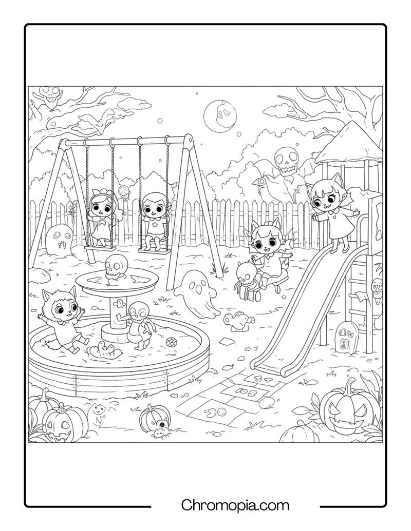 Haunted Playground After Dark – Adorable Creepy Coloring Page