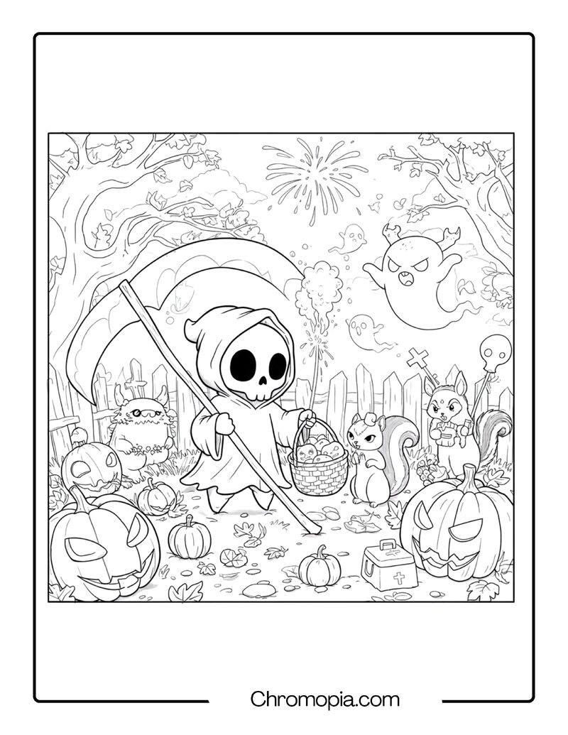 Little Reaper’s First Harvest – Funny Terrifying Coloring Page
