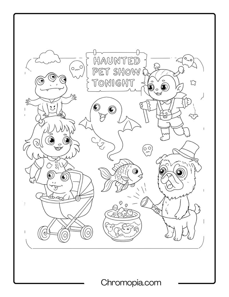 Monster Pets on Parade – Cute Spooky Coloring Page