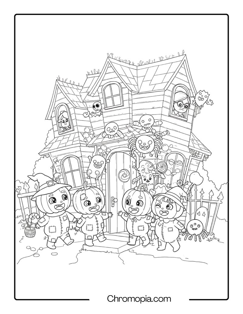 Pumpkinhead Twins’ Trick-or-Treat Mishap – Cute Scary Coloring Page