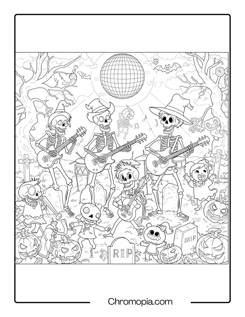 Skeleton Dance Party at Midnight – Funny Creepy Coloring Page