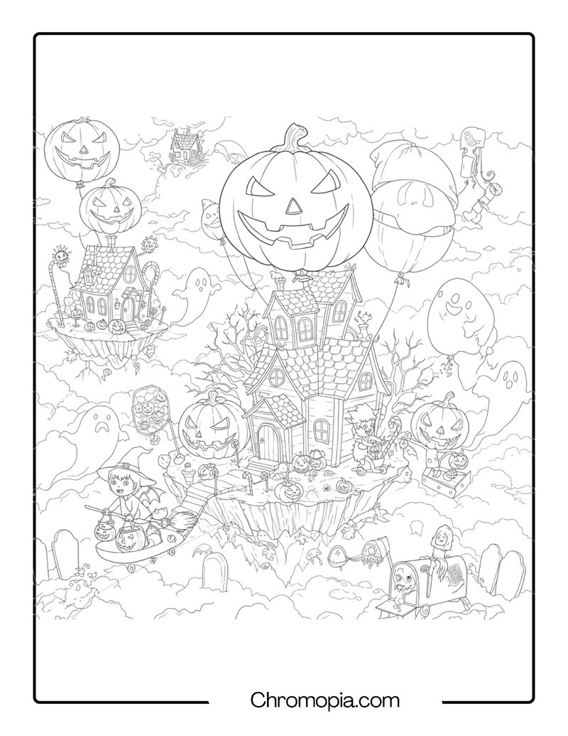 The Floating Trick-or-Treat Village – Whimsical Horror Coloring Page