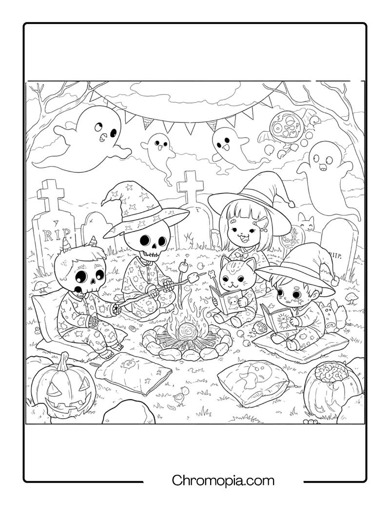 The Monster Sleepover in the Graveyard – Kid Friendly Horror Coloring Page