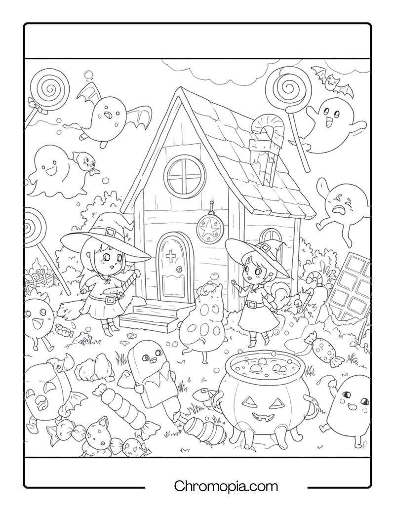 Witch’s Magical Candy Chaos – Terrifyingly Cute Coloring Page
