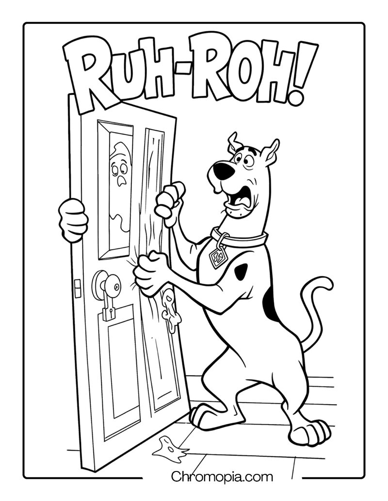 Scooby Doo Haunted House Coloring Page – Scooby Holding Door Shut