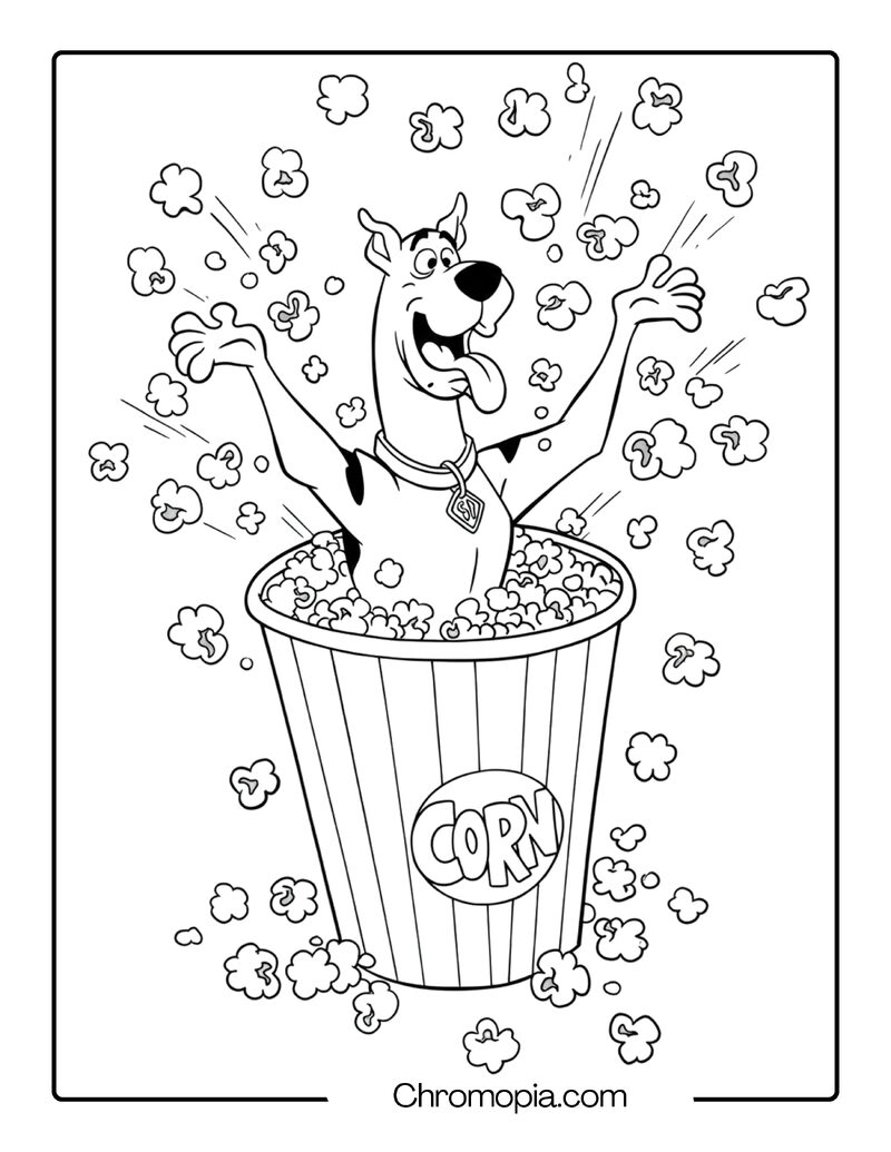 Scooby Doo Popcorn Explosion Coloring Page – Scooby Inside a Popcorn Bucket