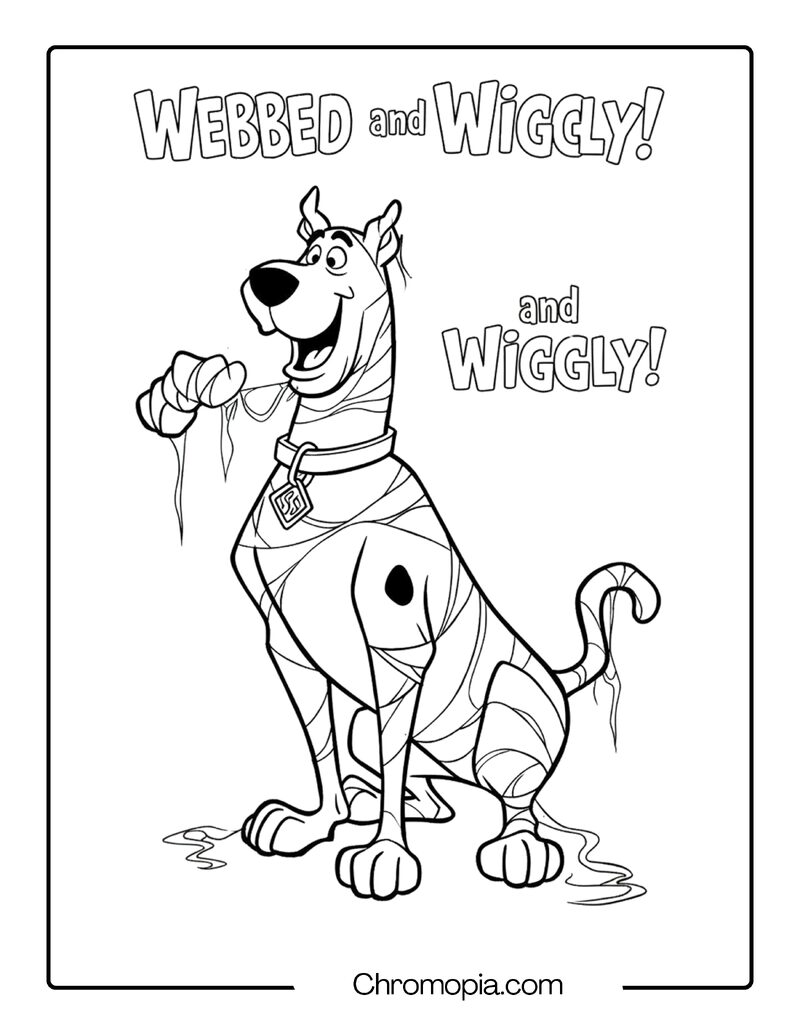 Scooby Doo Spooky Coloring Page – Scooby Wrapped in Cobwebs & Smiling