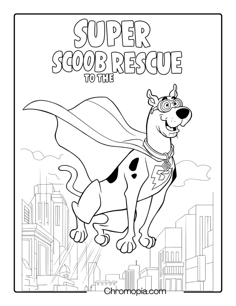 Scooby Doo Superhero Pose Coloring Page – Flying with Cape & Goggles