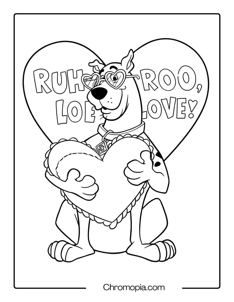 Scooby Doo Valentine Coloring Page – Heart Glasses & Hug Pose