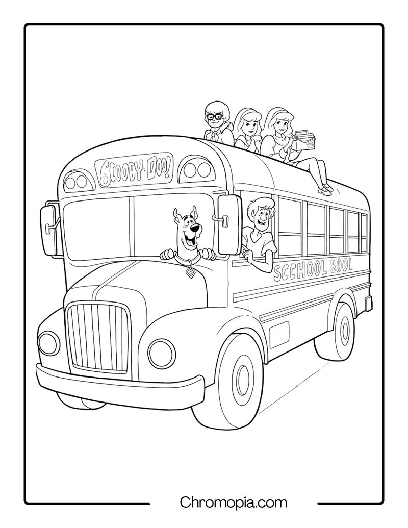 Scooby Doo Driving a Giant School Bus Coloring Page