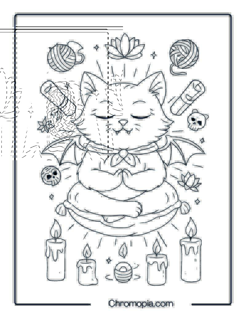 Cat Vampire Meditating on a Floating Pillow Coloring Page