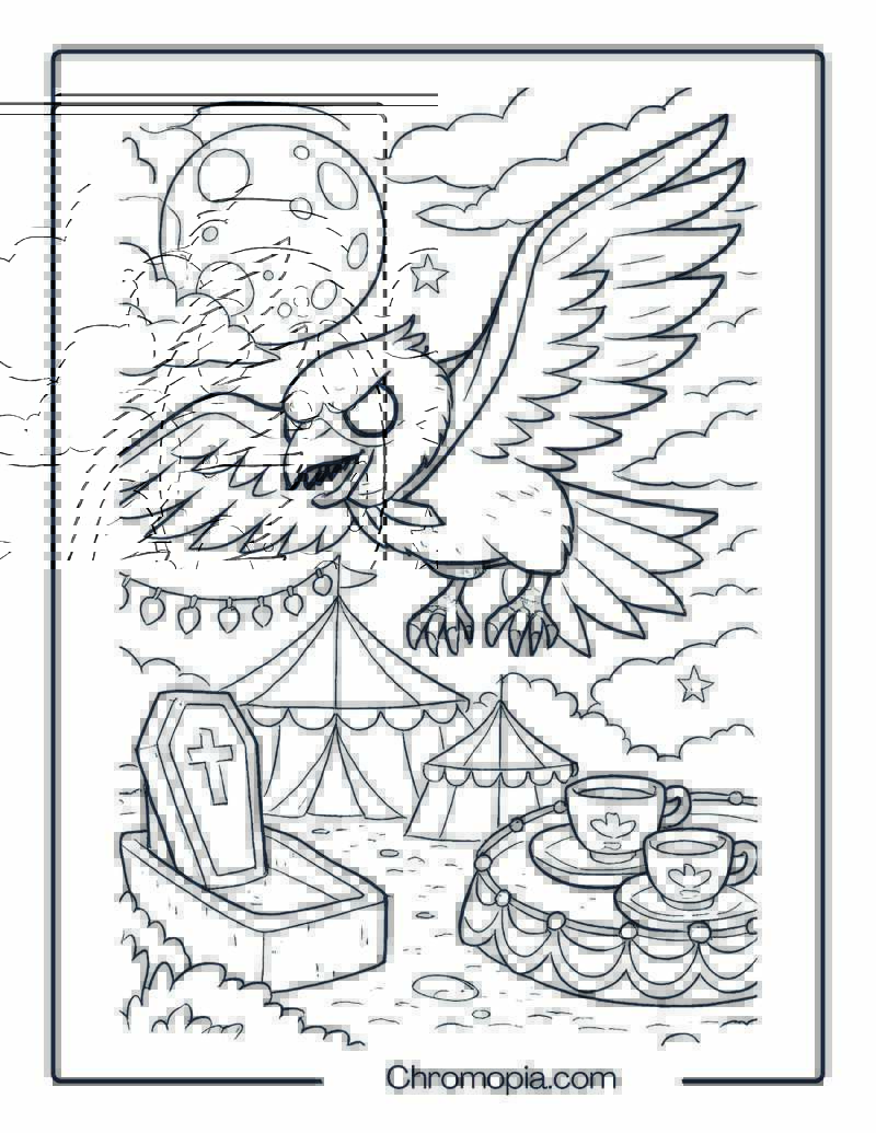 Raven Vampire Soaring Above Night Carnival Coloring Page