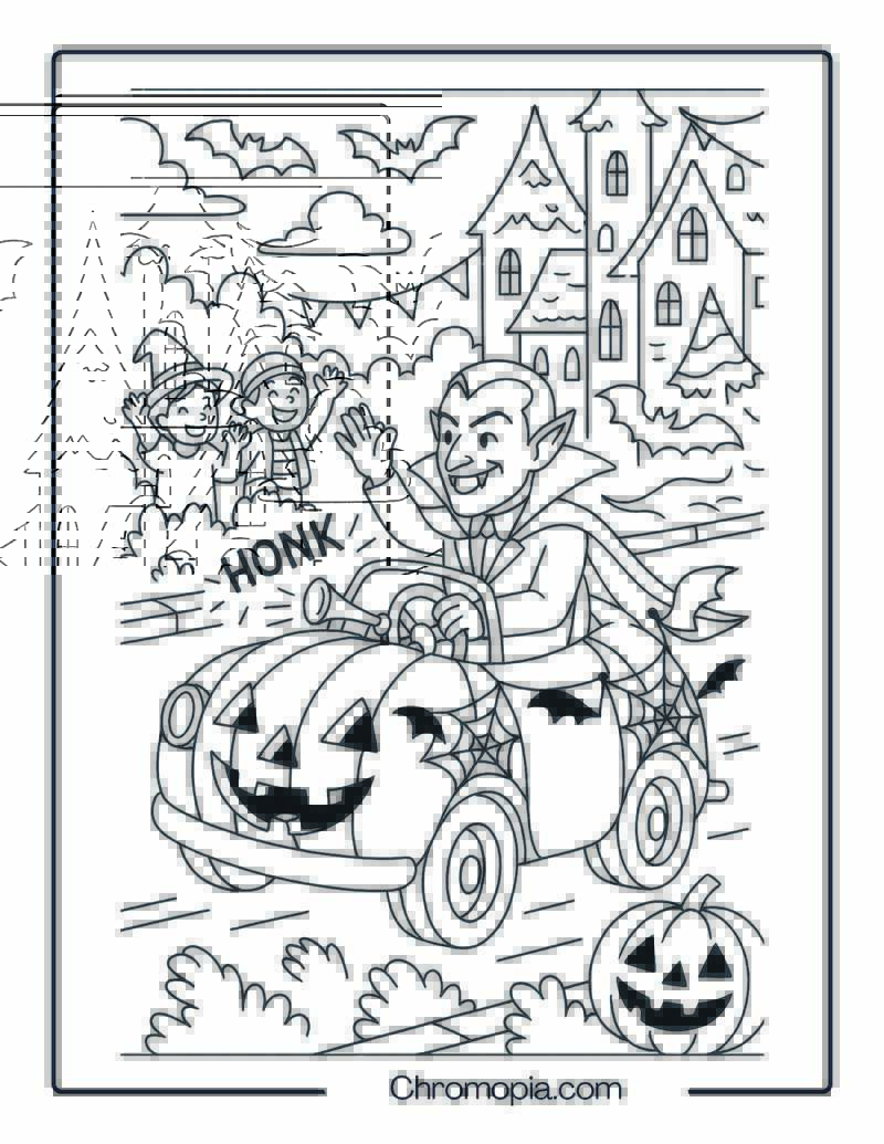 Vampire Driving a Pumpkin Car in Halloween Parade Coloring Page