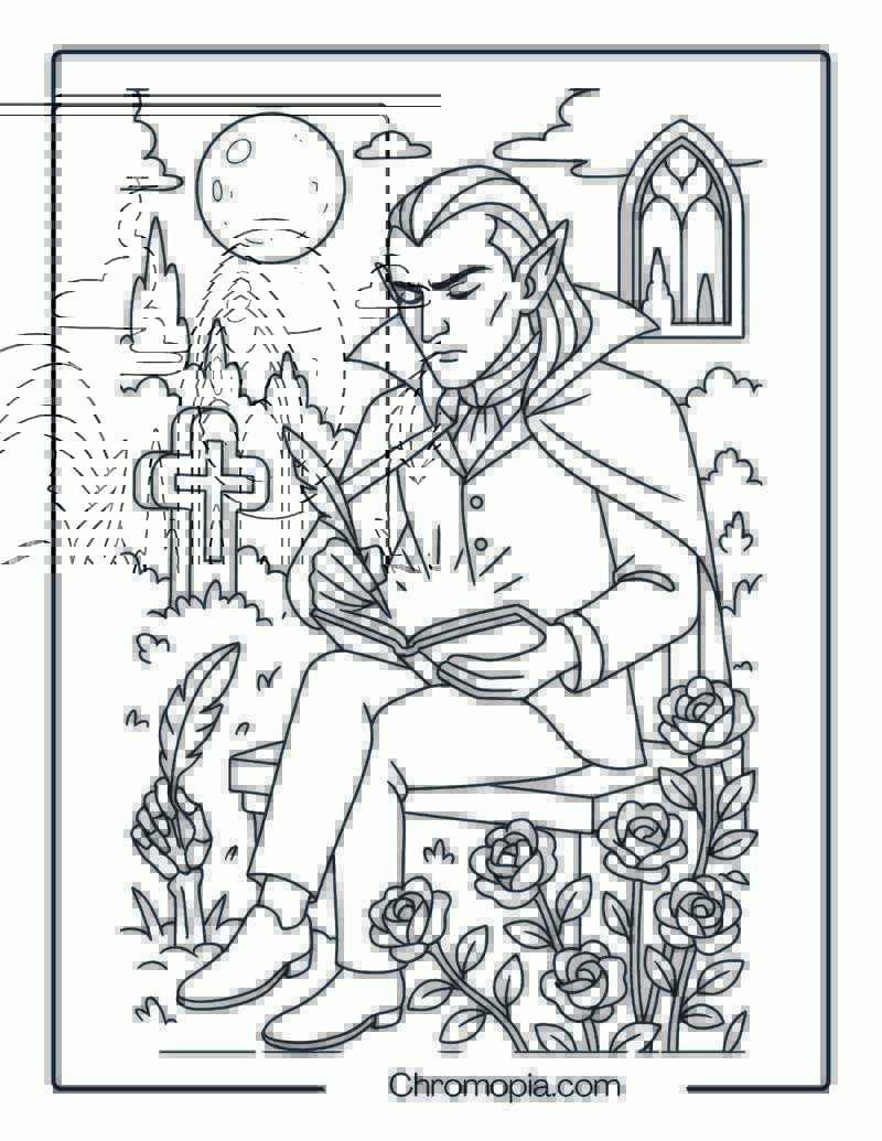 Vampire Journaling in Garden of Shadows Coloring Page