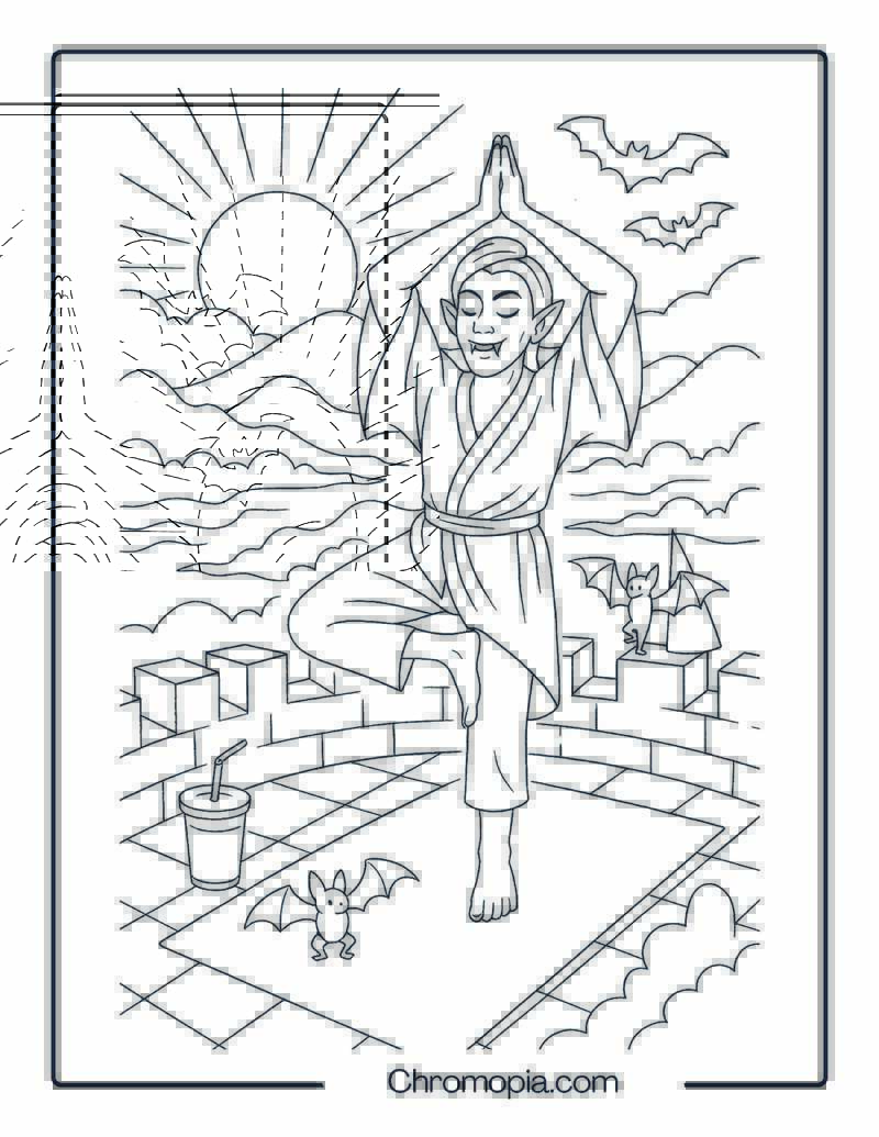 Vampire Practicing Yoga at Sunrise Coloring Page