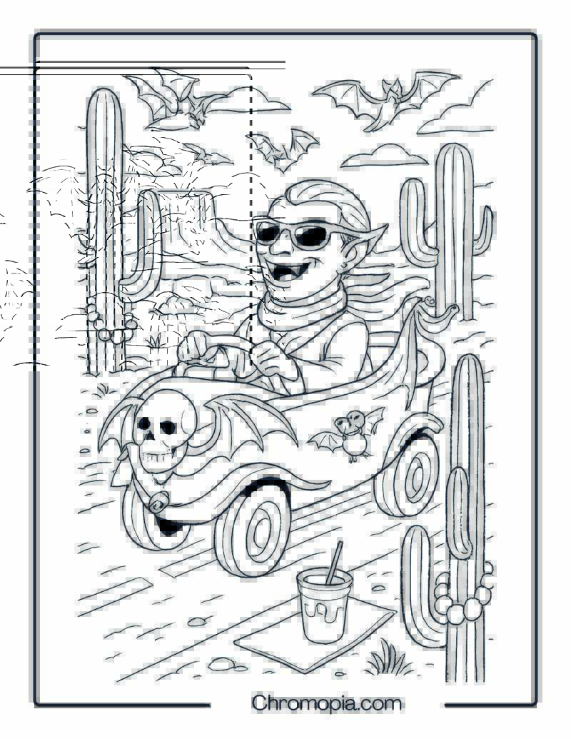 Vampire in Bathtub-Shaped Car Driving through Desert Coloring Page