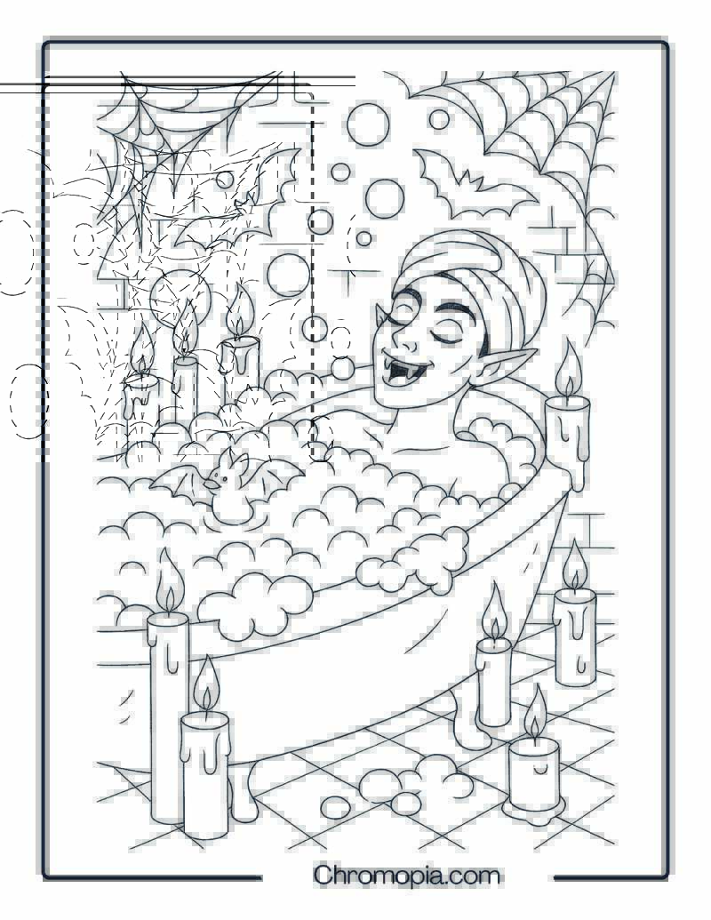 Vampire in Bubble Bath with Candles Coloring Page