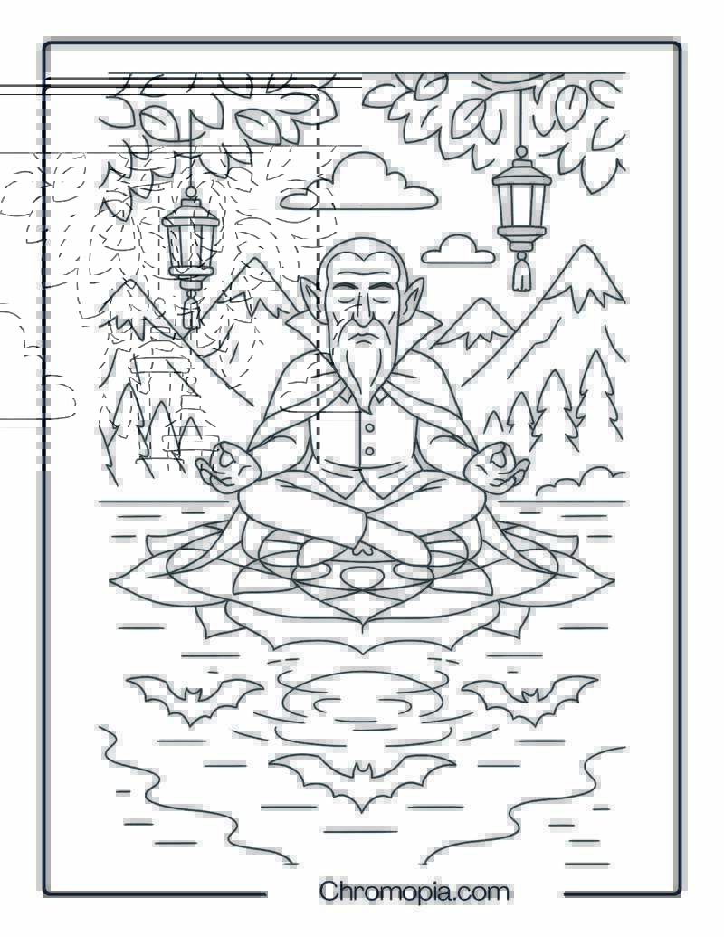 Zen Vampire Floating Over Mountain Lake Coloring Page