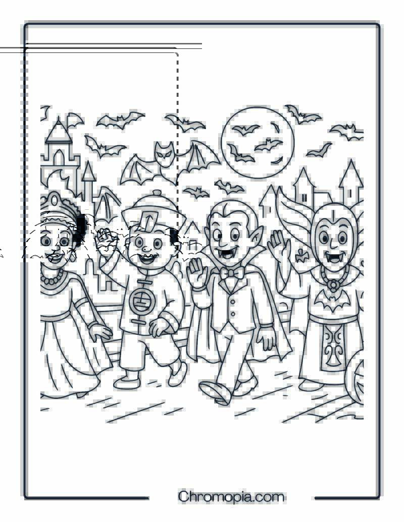 Halloween Parade with Multicultural Vampires Coloring Page