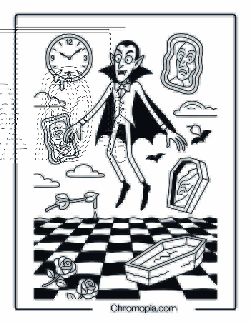 Surreal Vampire Floating Over Checkerboard Ocean Coloring Page